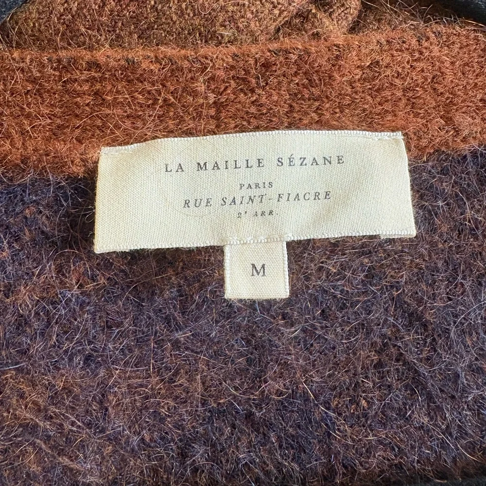 Sezane Rust and Navy Zebra-Striped Mohair Blend Cardigan
